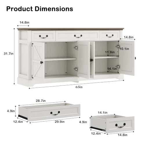 Sideboard Buffet Cabinet with 3 Drawers and 4 Doors,65",White, view 3