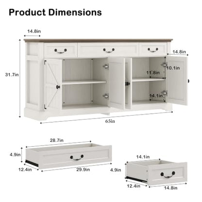 Sideboard Buffet Cabinet with 3 Drawers and 4 Doors,65",White, view 3