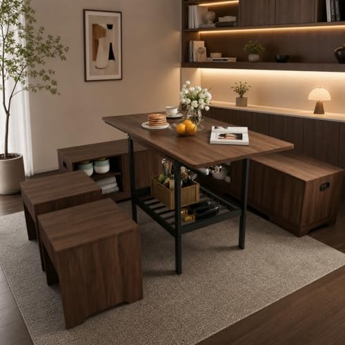 Extendable 6-Piece Breakfast Nook Set with Storage Benches & Stools, Corner Dining Table Set with Wine Glass Holder, Space-Saving Kitchen Table for Indoor/Outdoor Use (Walnut)