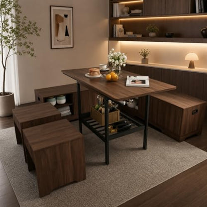 Extendable 6-Piece Breakfast Nook Set with Storage Benches & Stools, Corner Dining Table Set with Wine Glass Holder, Space-Saving Kitchen Table for Indoor/Outdoor Use (Walnut)