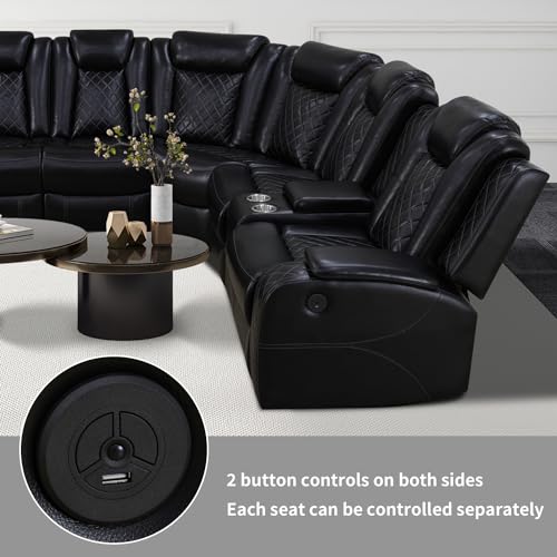 Power Recliner Sofa Sectional Couch for Living Room Furniture Set,Leather Reclining Corner Sectional Couch with 3 Recliner Seats,Cup Holder,Storage,LED Light for House/Home Theater, Black