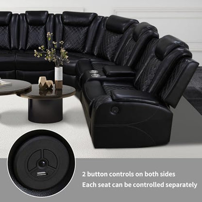 Power Recliner Sofa Sectional Couch for Living Room Furniture Set,Leather Reclining Corner Sectional Couch with 3 Recliner Seats,Cup Holder,Storage,LED Light for House/Home Theater, Black
