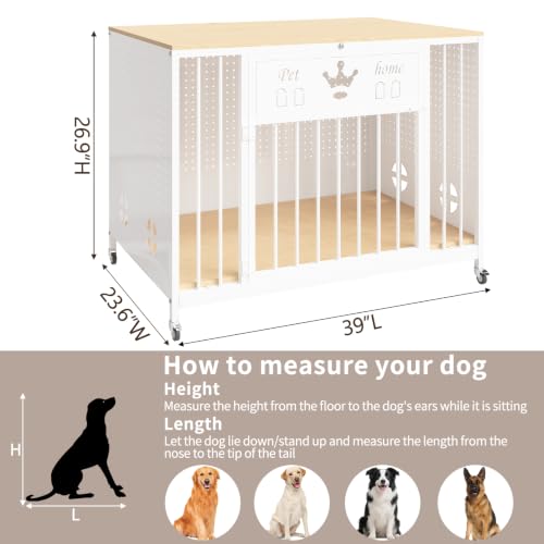 39" Iron Pegboard Dog Crate Furniture with Wooden Top & Remote LED Light, view 3