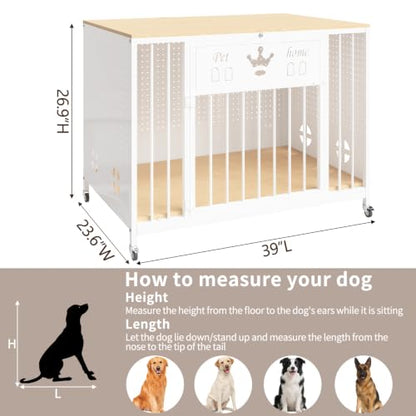 39" Iron Pegboard Dog Crate Furniture with Wooden Top & Remote LED Light, view 3