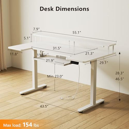 55 Inch U Shaped Electric Standing Desk with Keyboard Tray, White, view 4