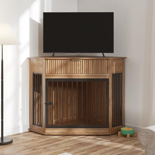 Corner Dog Crate Furniture for Small Dogs, Kennel End Table with Drawer, view 4