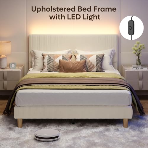 Queen Bed Frame Beige with LED Lighting, view 6