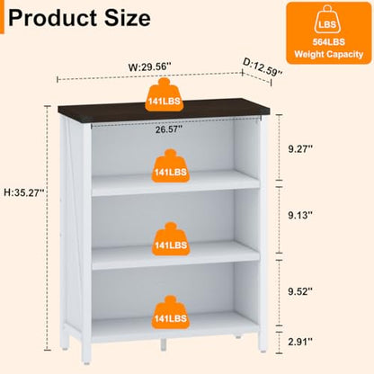 Farmhouse 3 Tier Bookshelf, Wood Bookcase, White Oak & Walnut, view 3