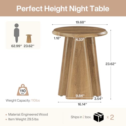 2pcs Round Nightstand with Pedestal Base | 23.6" Wooden Bedside Table with Sturdy Support for Bedroom