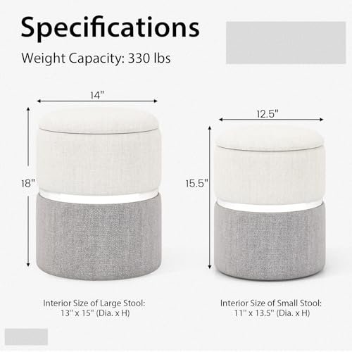 Ottoman with Storage - Set of 2 Storage Ottomans, 1 Large & 1 Small Nesting Ottoman Side Table, Upholstered Linen Round Foot Rest Vanity Stool for Bedroom Living Room (Gray)