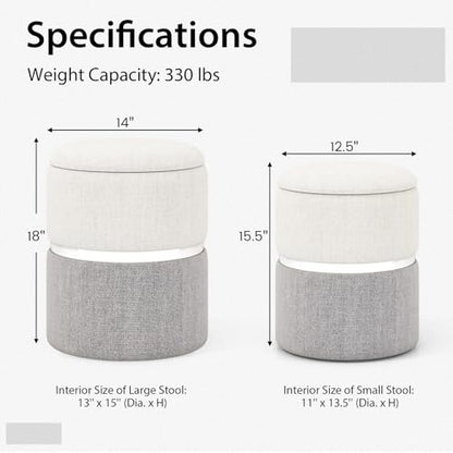 Ottoman with Storage - Set of 2 Storage Ottomans, 1 Large & 1 Small Nesting Ottoman Side Table, Upholstered Linen Round Foot Rest Vanity Stool for Bedroom Living Room (Gray)