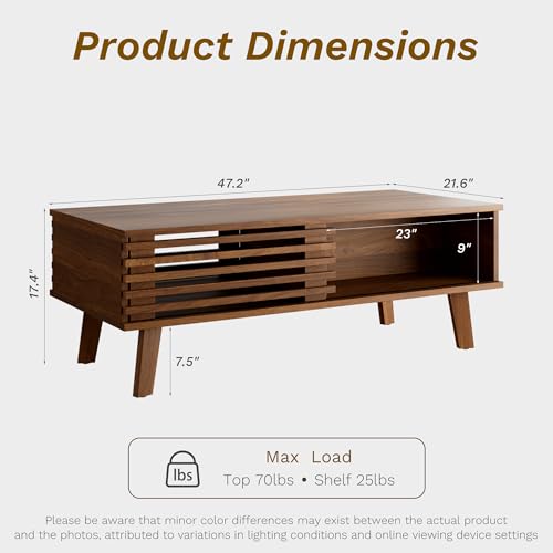 Mid Century Modern Coffee Table, Wood Coffee Table with Storage, Farmhouse Table for Living Room, Apartment, Walnut