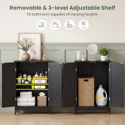 Bathroom Storage Cabinet, Freestanding Wooden Floor Cabinet with Double Doors, Adjustable Shelf, Modern Storage Organizers for Kitchen, Living Room, Entryway (Black)