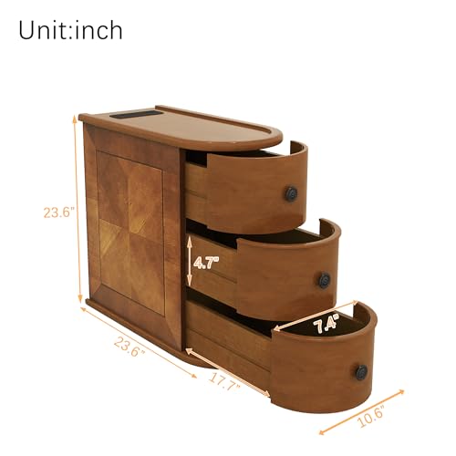 Narrow End Table with Charging Station, Wood Side Table with Drawers for Small Spaces, 3-Drawer Nightstand with Storage, Slim Bedside Cabinet for Living Room/Bedroom/Corner, Fully Assembled, Walnut