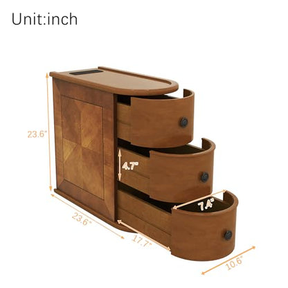 Narrow End Table with Charging Station, Wood Side Table with Drawers for Small Spaces, 3-Drawer Nightstand with Storage, Slim Bedside Cabinet for Living Room/Bedroom/Corner, Fully Assembled, Walnut