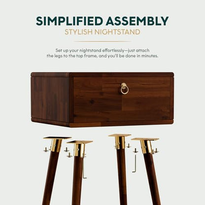 Alden Solid Wood Nightstand/Side Table/End Table, Fully Assembled, with 1-Drawer for Mid Century Bedroom and Living Room, (12mm), Dark Chocolate