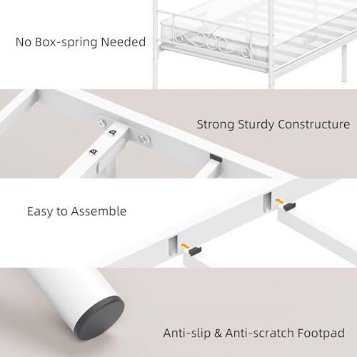 Twin Canopy Bed Frame with Headboard, Metal Twin Beds for Kids, White, view 7