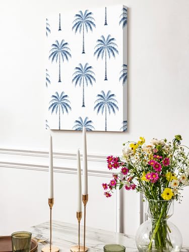 NuYeBiofx Blue Palm Tree Tropical Coastal Canvas Wall Art Prints,48"x32" Framed Picture Artwork Summer Leaves Minimalist Printed Canvas Oil Painting for Living Room Bedroom Office,Ready to Hang