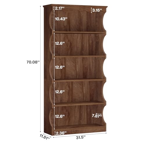 70-Inch Tall Bookcase, 5-Tier Open Bookshelf with Unique Curved-Edge Design, view 4
