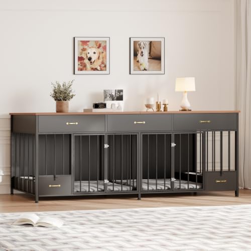 91.5" L Large Dog Crate Furniture with Feeder & 3 Drawers, view 2