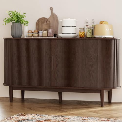 55" Sideboard Buffet Cabinet,Tambour Sliding Doors & Drawer, view 3