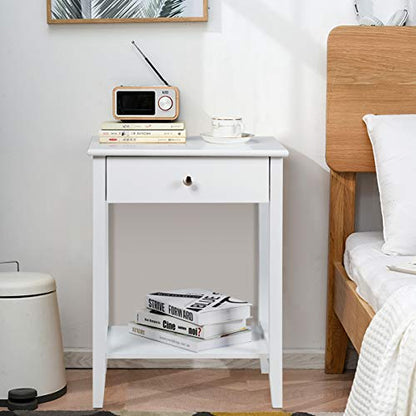 Nightstand Wooden 2-Tier Couch Sofa Side Table with Drawer, Storage Shelf, Solid Wood Legs,Mufti-Functional Home Furniture for Living Room Bedroom Study Room End Table (2, White)