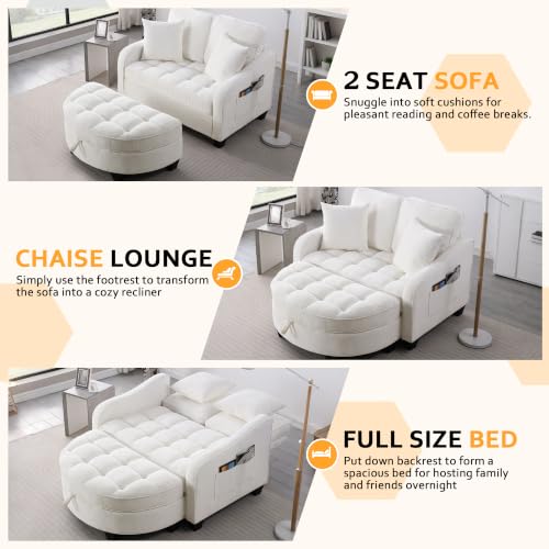 51" Sleeper Sofa Bed, Corduroy Chaise Lounge with Ottoman, White, view 4