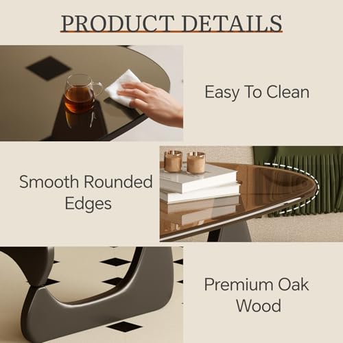 Coffee Table for Living Room Mid Century Modern Center Table with Glass Top and Wood, 32 Inch, Brown/Black