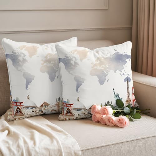 World Map Waterproof Outdoor Pillow Covers Set of 2 Home Decor, Famous Building Tourism Landscape Pillowcase Patio Pillow Covers for Couch Bench Patio Furniture Garden 26x26in