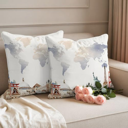 World Map Waterproof Outdoor Pillow Covers Set of 2 Home Decor, Famous Building Tourism Landscape Pillowcase Patio Pillow Covers for Couch Bench Patio Furniture Garden 26x26in