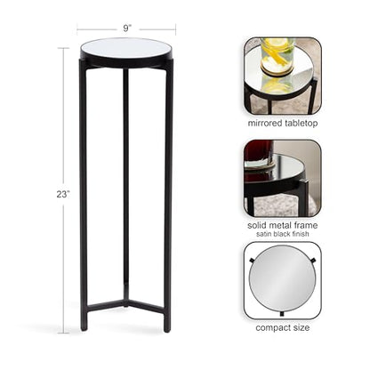 Aguilar Modern Mirrored Round Drink Table; 9 x 9 x 23; Black; Metal Accent Table with Mirrored Tabletop and for Use as Small Plant Stand