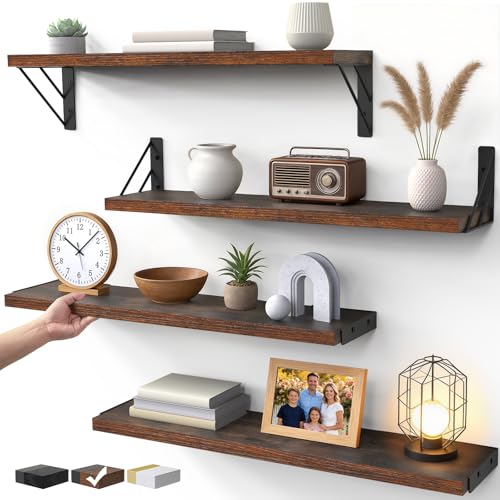 Wall Shelves for Bedroom Decor, Floating Shelves for Wall, Display Mounted Rustic Wood Shelf for Books,Plants,Corner Shelves for Bathroom,Kitchen,Living Room(Rustic Brown，23in，Set of 4)