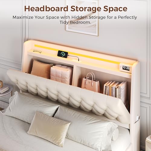 Queen LED Velvet Bed Frame with 2 Storage Drawers&Hidden Headboard, view 4