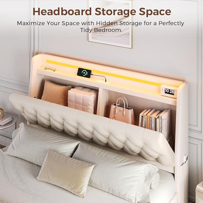 Queen LED Velvet Bed Frame with 2 Storage Drawers&Hidden Headboard, view 4