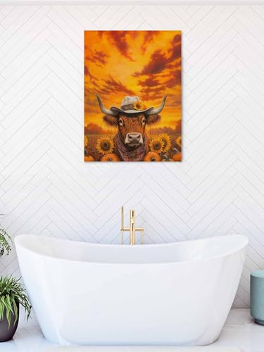 NuYeBiofx Thanksgiving Pumpkin Farm Yak Canvas Wall Art Prints,30"x20" Framed Picture Artwork Gradient Orange Sky Printed Canvas Oil Painting for Living Room Bedroom Office,Ready to Hang