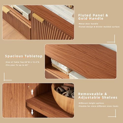 Modern Fluted TV Stand for 65 Inch TVs with Drawer, Walnut, view 5