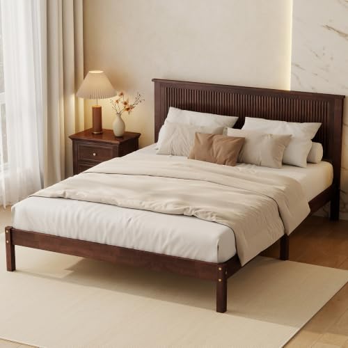 LUMISOL Queen Size Solid Rubberwood Platform Bed with Wave-Styled Headboard, view 6