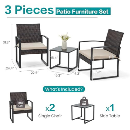 3 Pieces Patio Furniture Set, Outdoor Rattan Bistro Set with Coffee Table, Durable Steel Frame with Strapped Cushions for Garden, Balcony, Poolside, Backyard