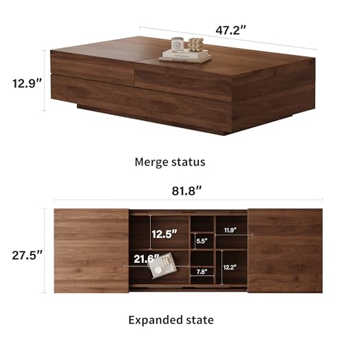 Mid-Century Modern Expandable Coffee Table (47.2"-81.8" Adjustable Centerpiece),Center Table with Large Storage for Living Room Living Rooms, Bedrooms, or Lounge Spaces,Walnut
