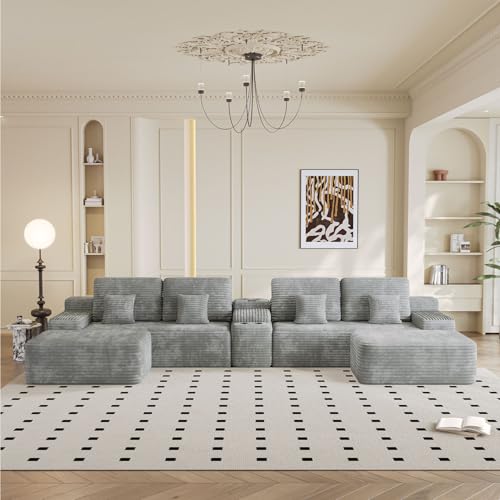 150" U-Shaped Oversized Corduroy Modular Sectional Sofa with 2 Ottomans and Multi Functional Console, 6-Seater Upholstered Couch with USB and 2 Cup Holder, Easy Assembly, for Living Room, Grey