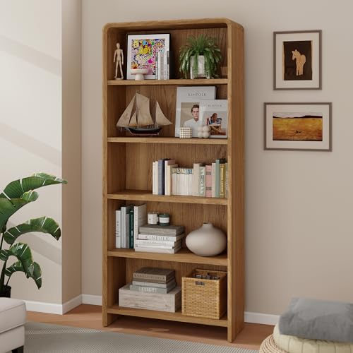 71" Tall Bookcase 5 Shelves Wood Bookshelf with Curved Soft Edges, view 4