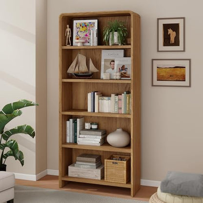 71" Tall Bookcase 5 Shelves Wood Bookshelf with Curved Soft Edges, view 4