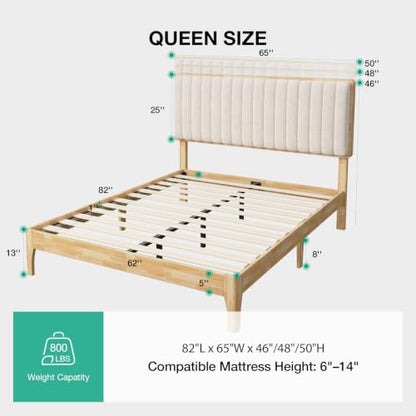 Queen Size Bed Frame with 3-Level Adjustable Upholstered Headboard, view 3