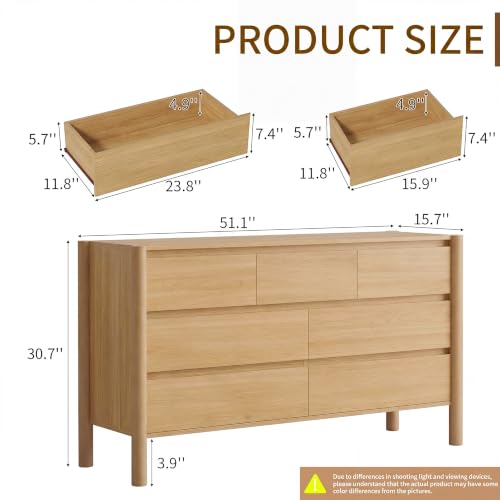 51.1" Wide Oak 7 Drawer Dresser for Bedroom with Solid Wood Legs, view 3