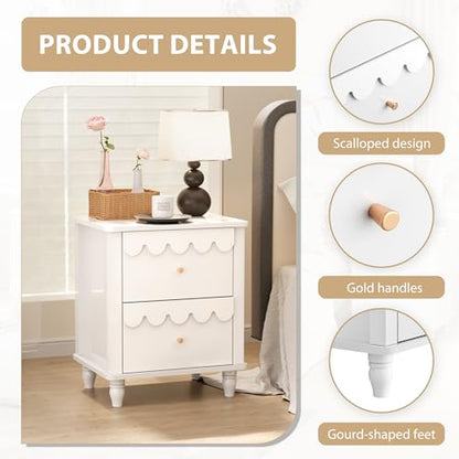 White Nightstand Side End Table with 2 Drawers, Modern Wood Night Stand with Petal Pattern for Bedroom, Scalloped Bedside Night Tables with Solid Wood Legs