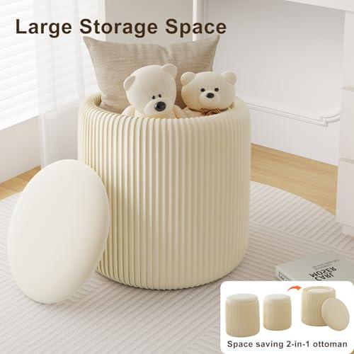Beige Ottoman with Storage Set of 2, Upholstered Velvet Vanity Stool, Comfy Round Makeup Vanity Stools, Large Storage Ottoman Foot Rest, Pouf Seat for Living Room/Bedroom