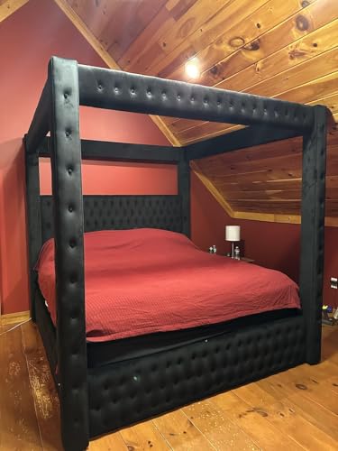 Velvet Canopy Bed Frame King - Upholstered Four Poster Bed Frame with Tufted Headboard and Footboard, Luxury Bed Frame with Wood Slats for Bedroom Furniture, Box Spring Required, Black