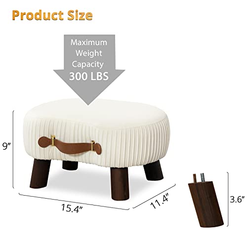 Small Curved Foot Stool with Handle, Beige Velvet Footstool and Ottomans, Modern Foot Rest with Wooden Legs, Step Stool with Padded Seat for Couch, Living Room