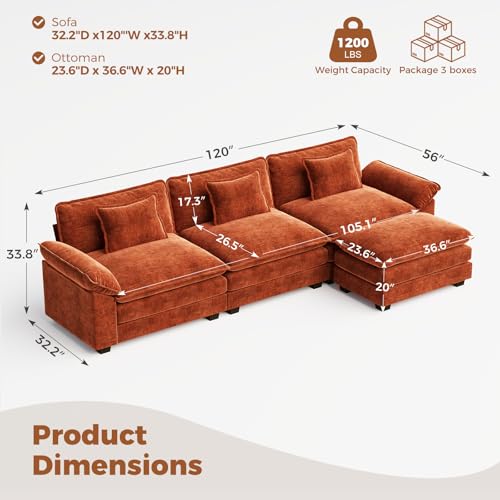 120" Modular Sectional Sofa, Comfy L-Shaped Cloud Couch with Movable Ottomans, Oversized 4-Seater Chenille Deep Seat Sofa Couch for Living Room, DIY Combination, Terracotta Orange