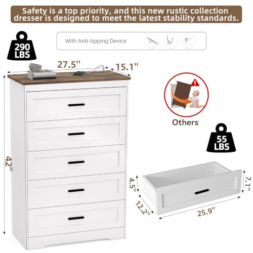 Farmhouse Dresser for Bedroom Wooden Chest of Drawers with Charging, view 4